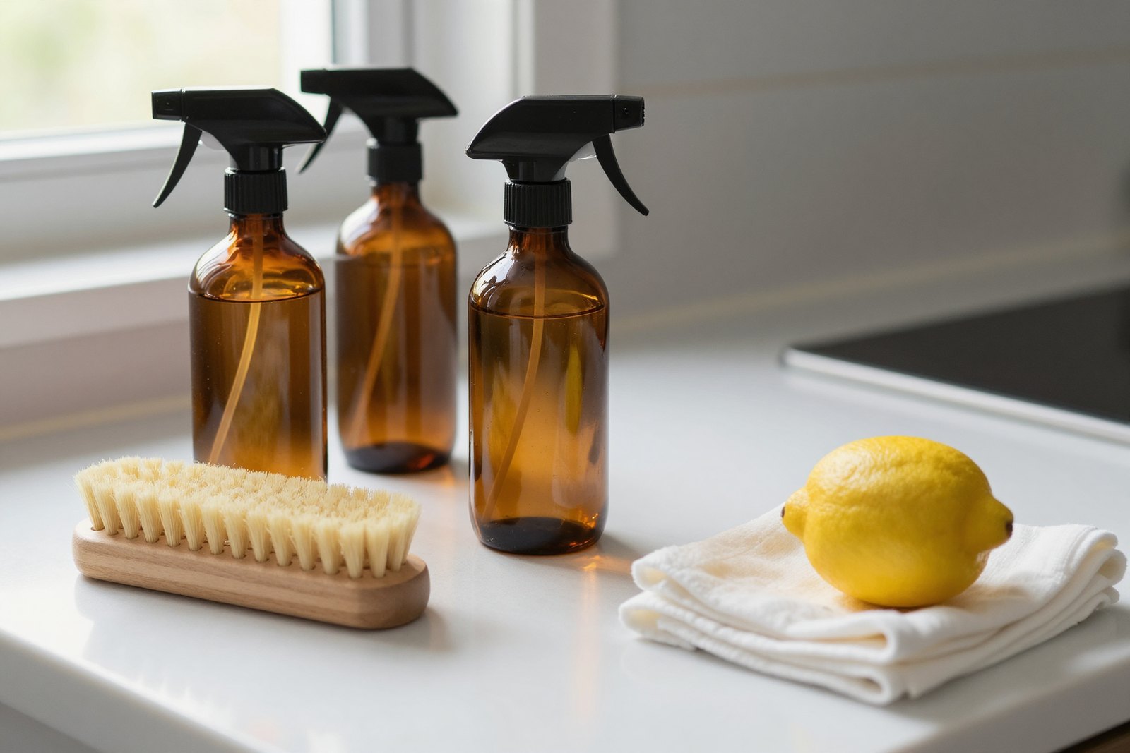 Glass spray bottles, a wooden scrub brush, folded cotton cloths and a lemon on a bright kitchen counter