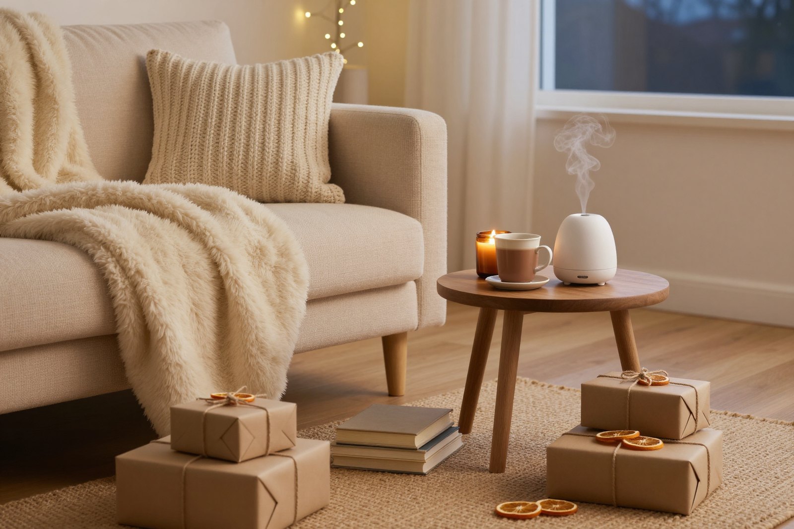 A cozy armchair with a fluffy throw, glowing candles, a warm mug and wrapped gifts in evening lamplight