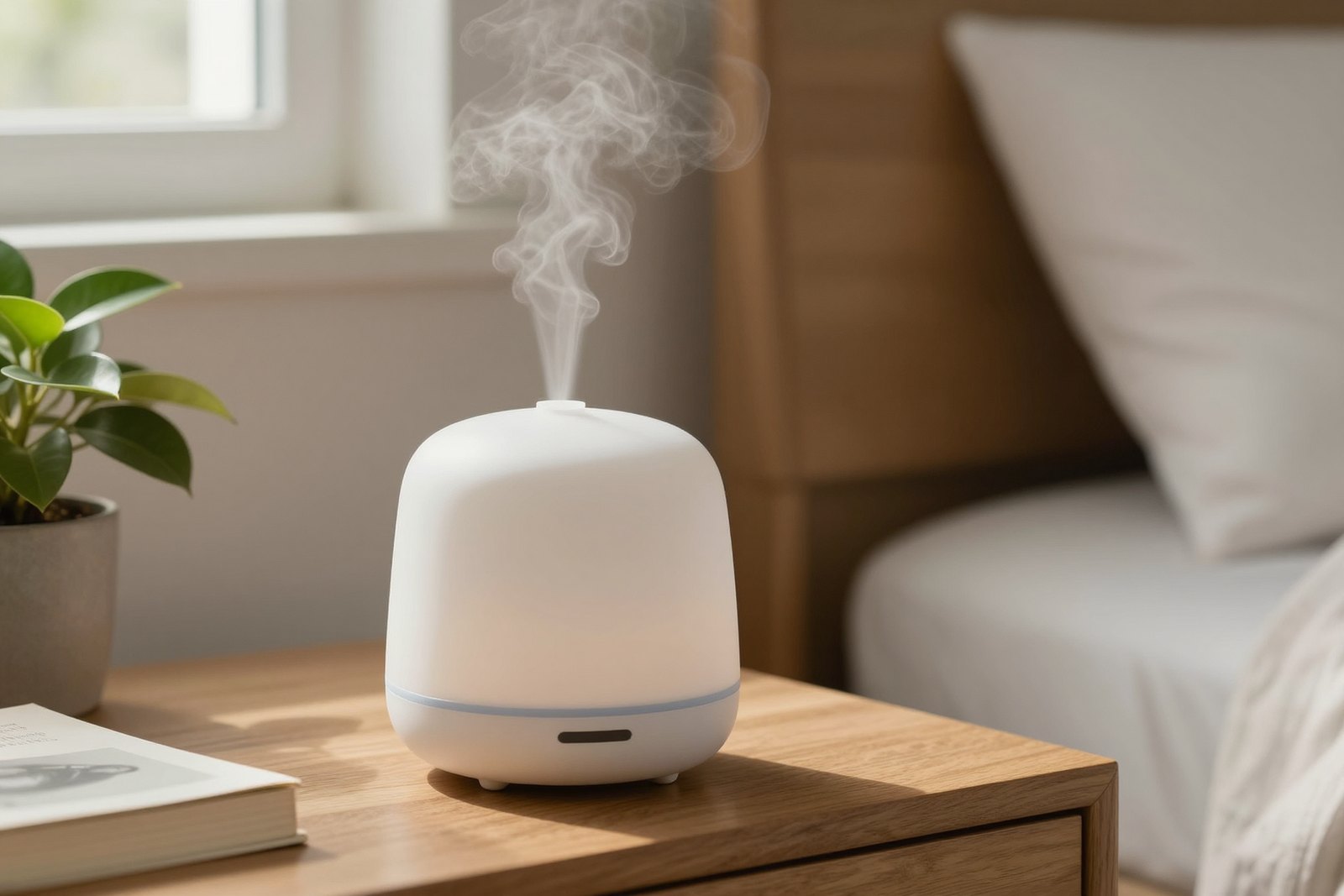 A white ceramic essential oil diffuser releasing soft mist on a wooden nightstand beside a plant and a book