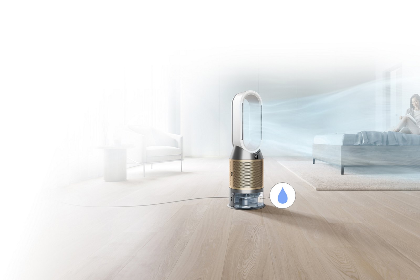 The Dyson Purifier Humidify+Cool tower in a bright living room
