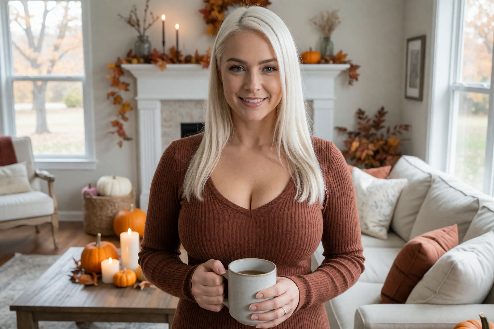 A cozy autumn living room with a knit blanket, tea and small pumpkins