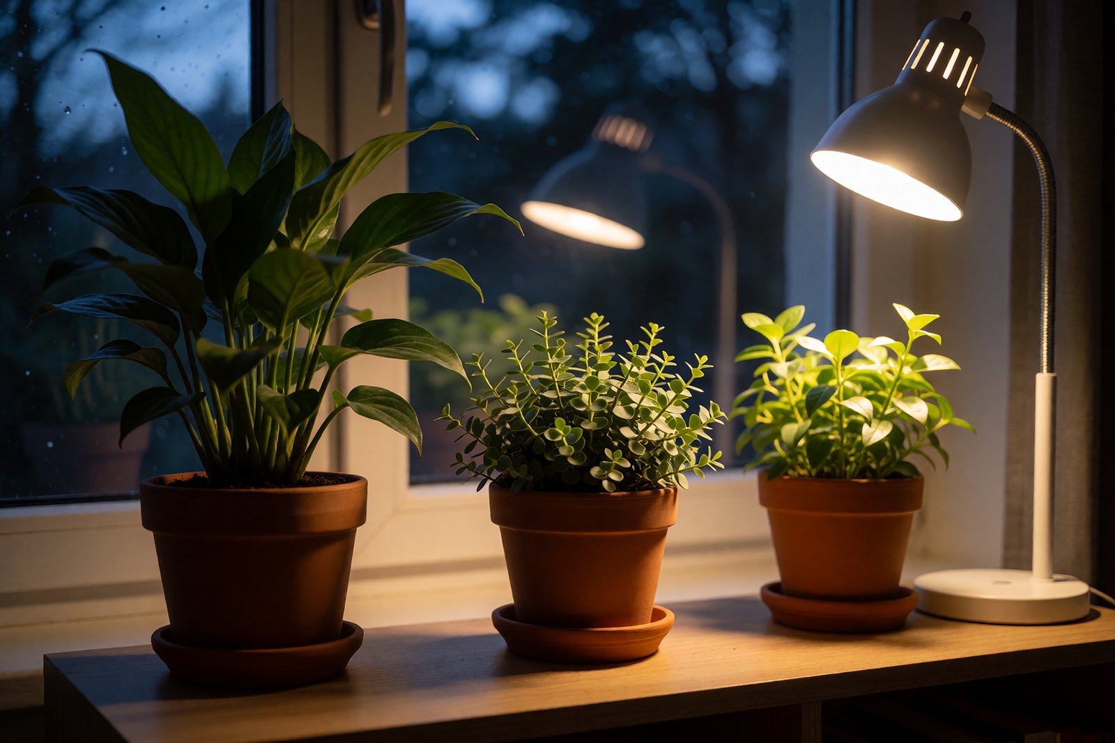 Healthy green houseplants on a wooden shelf glowing under a warm grow light on a dark winter evening