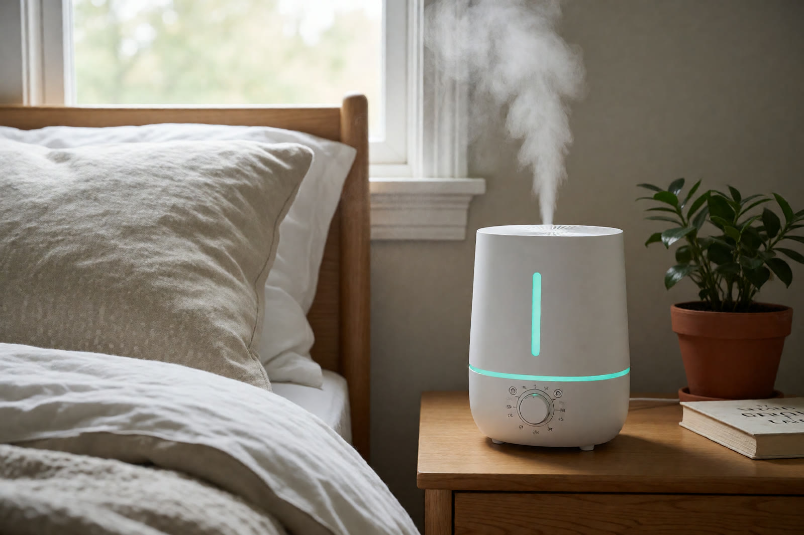 A white humidifier releasing soft mist on a bedside table next to a plant