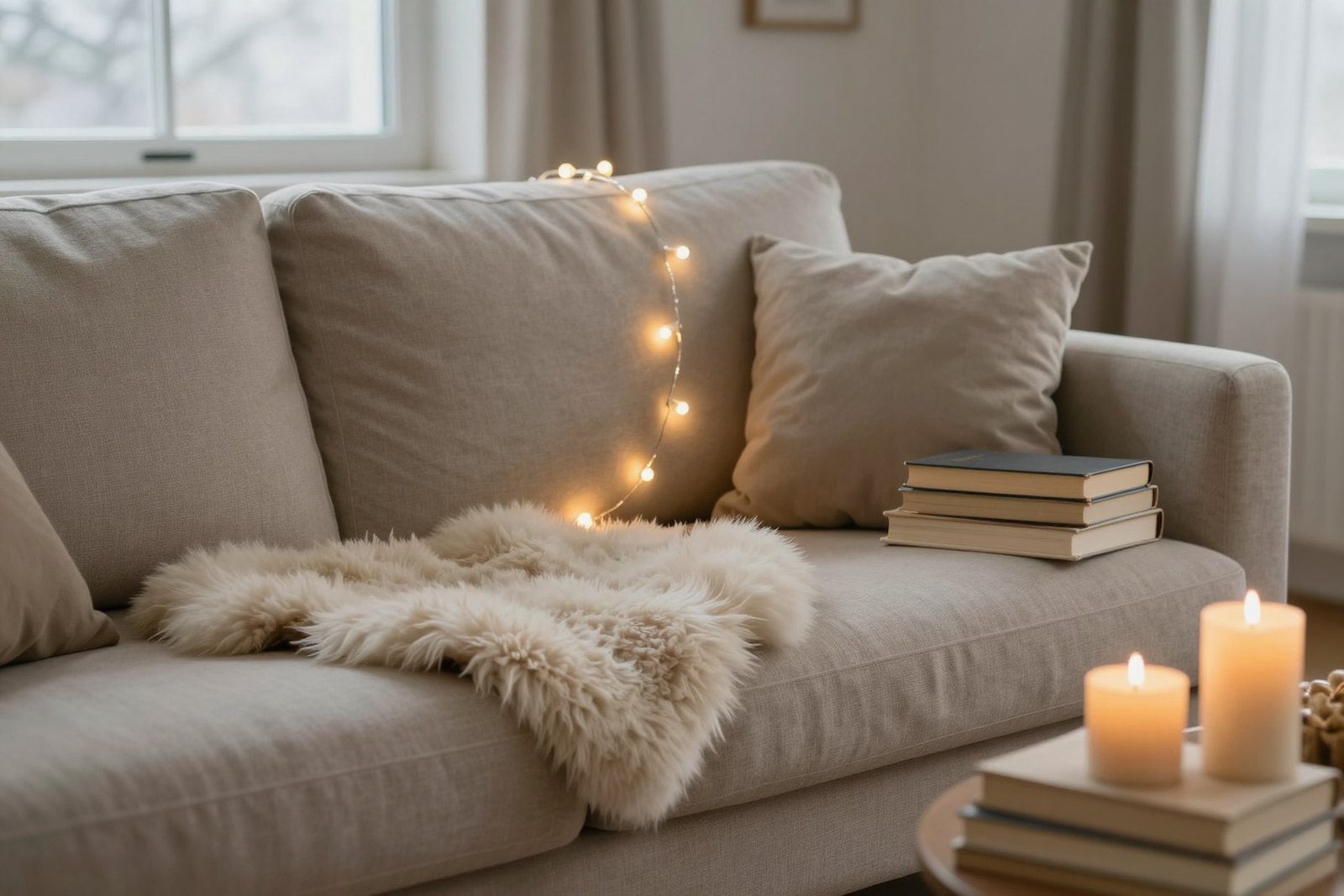 A cozy hygge living room with a linen sofa, sheepskin throw, glowing string lights, candles and a stack of books
