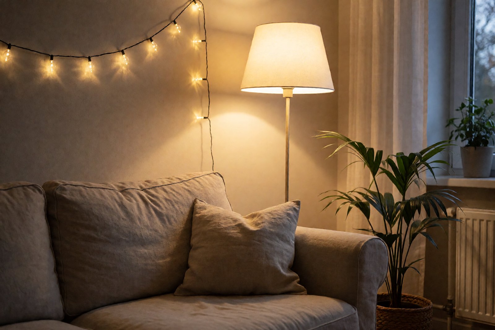 A cozy living room in the evening glowing with warm lamp light, a linen sofa, a floor lamp and string lights