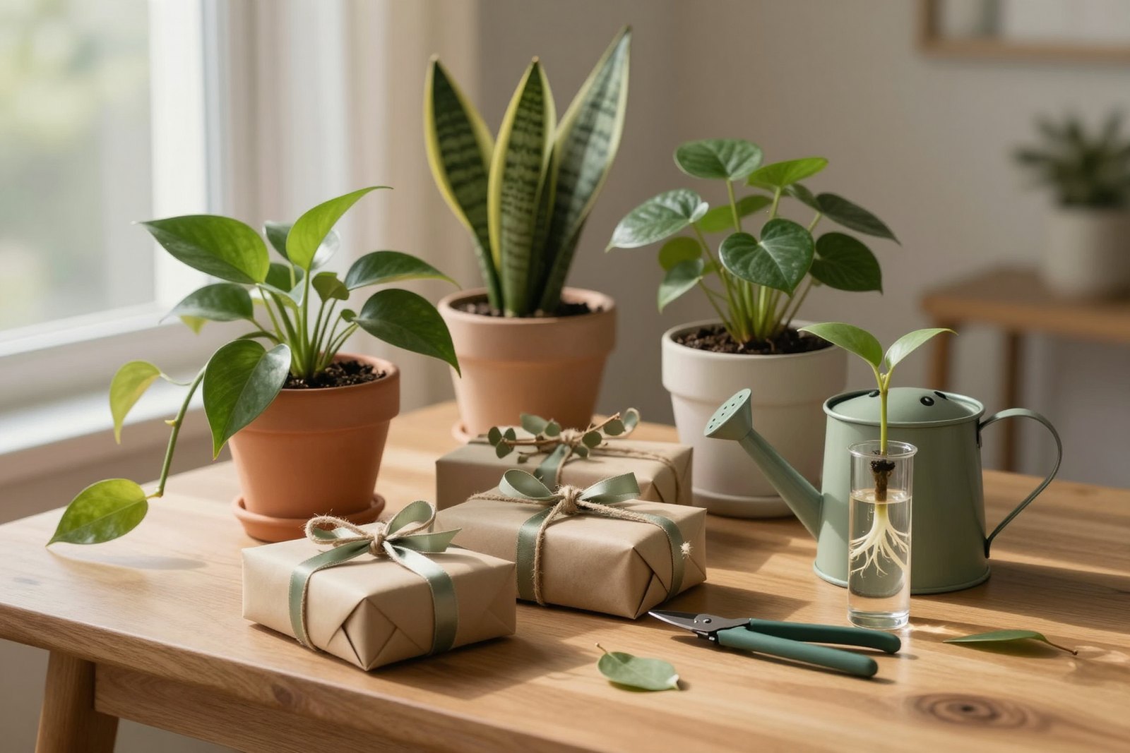 Houseplants, a small watering can and wrapped gifts on a sunny wooden table