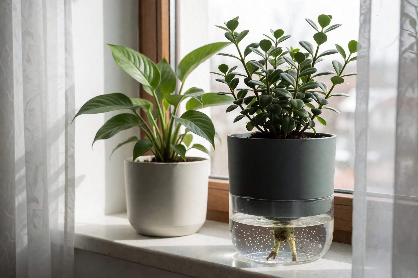 Healthy houseplants in modern self-watering planters on a bright windowsill with sheer curtains