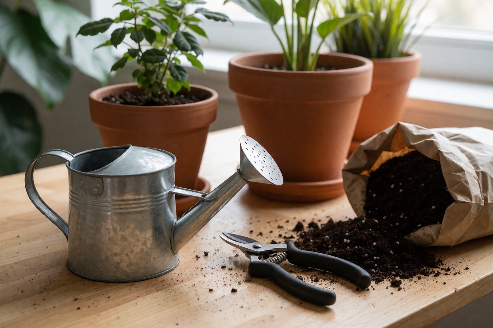 A small watering can, pruning snips, a soil moisture meter and a terracotta pot on a wooden potting table