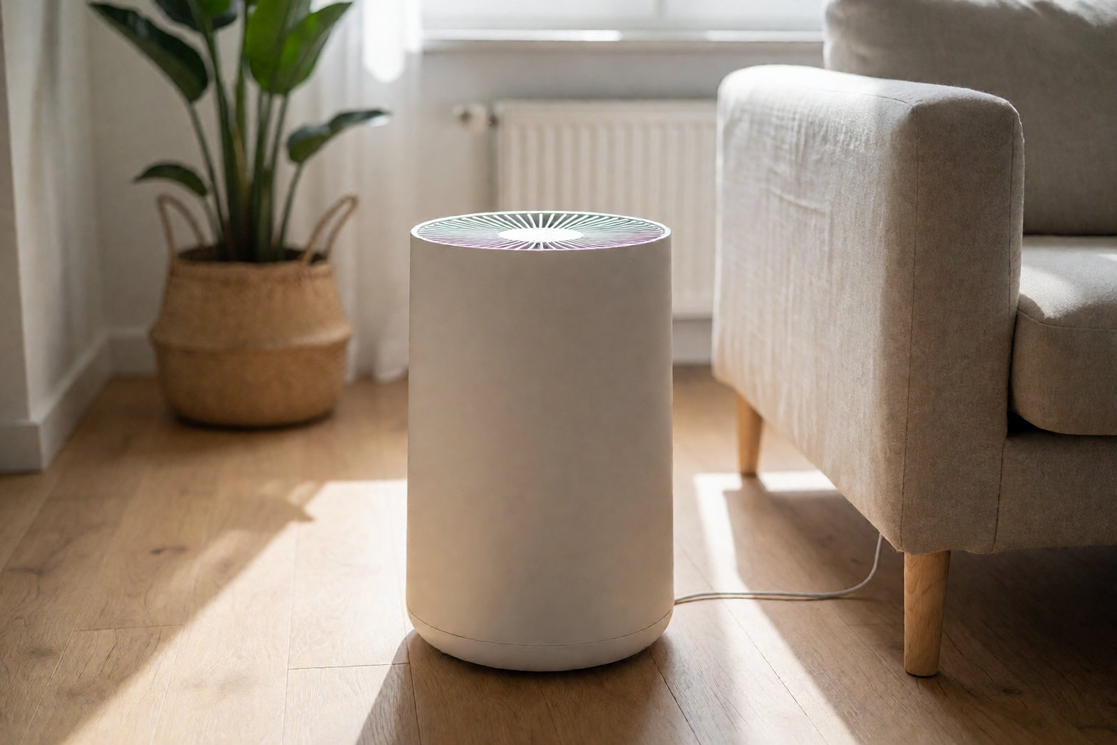 A white air purifier on a light wooden floor in a calm, sunlit living room with a houseplant and a linen sofa