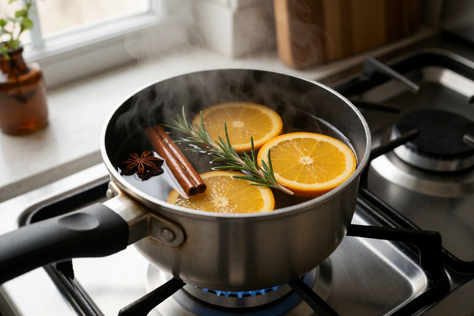 A small saucepan simmering with orange slices, cinnamon and rosemary on a stove