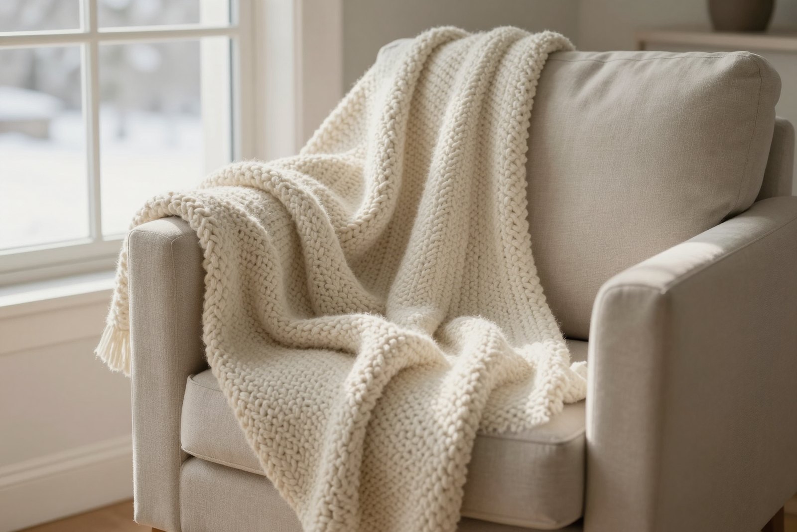 A chunky cream knit throw blanket draped over a linen armchair beside a window with soft winter light